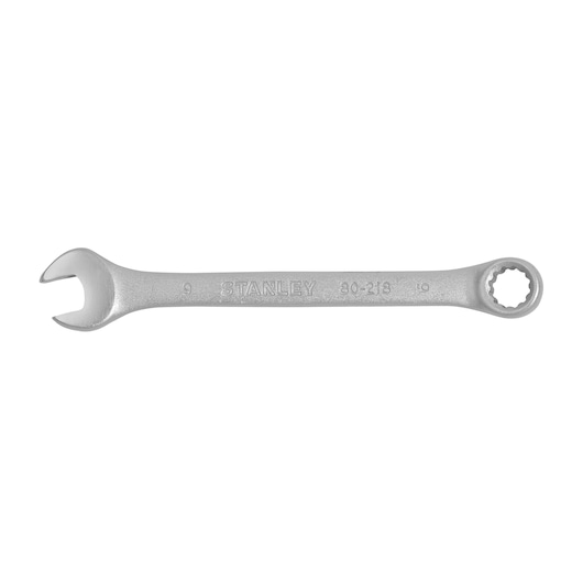 Photo of STANLEY STMT80218-840 combination wrench, silver, open and box ends, top view, hand tool category.