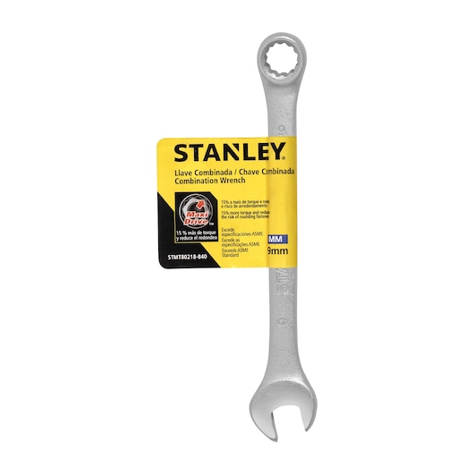 STANLEY STMT80218-840 9mm combination wrench, silver finish, front view on white background.