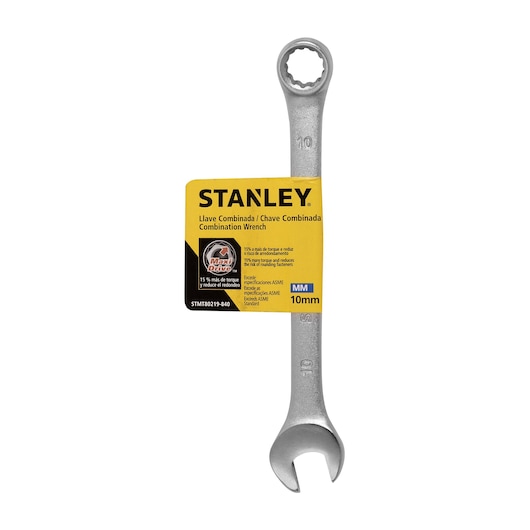 Stanley STMT80219-840 combination wrench 10mm, silver, front angle, with yellow info tag.