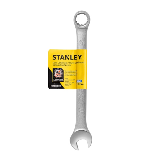 STANLEY STMT80220-840 combination wrench, 11mm, silver finish, front angle on white background with yellow label.