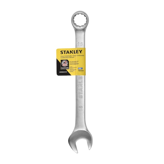 Stanley STMT80226-840 combination wrench 16mm photography, front angle, silver finish, white background.