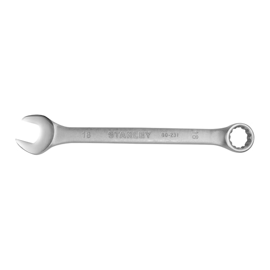 Stanley STMT80231-840 box-end and open-end wrench, silver, side angle, on white background.