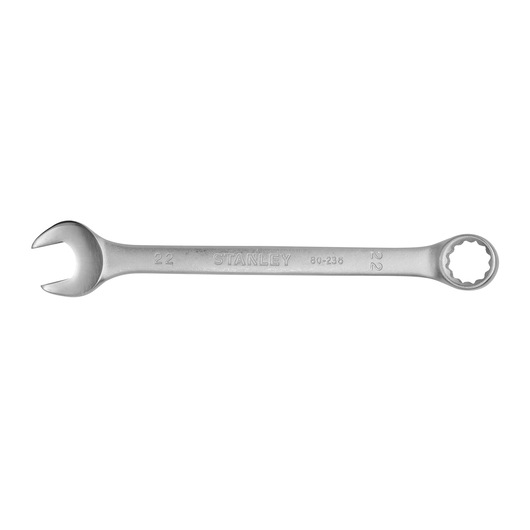 STANLEY STMT80236-840 combination wrench with open and box ends, silver finish, front angle on white background.