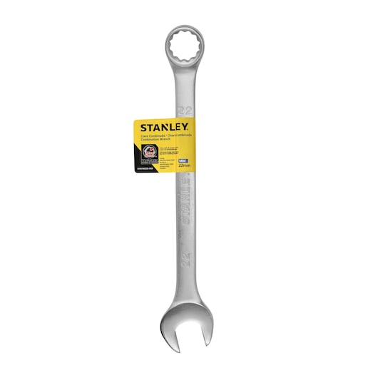 Stanley STMT80236-840 combination wrench 22mm, silver, front angle, product label attached.