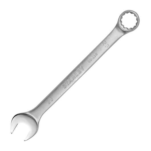 STANLEY STMT80238-840 silver combination wrench, front angle, isolated on white background.