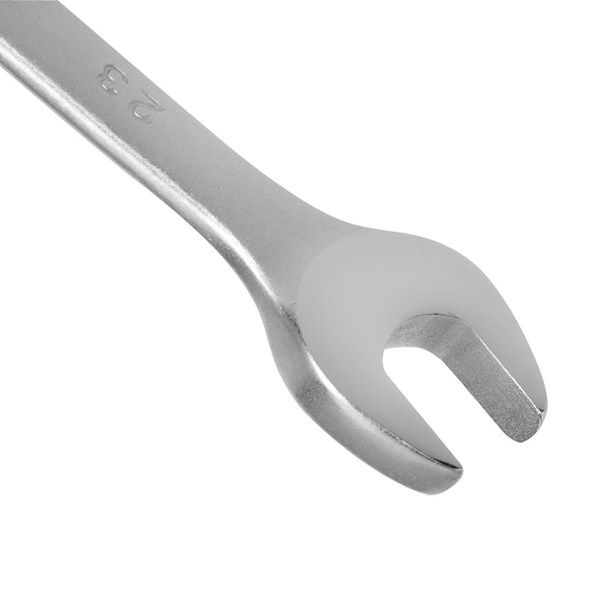 STANLEY STMT80238-840 silver open-end wrench, close-up angle, tool with size marking.