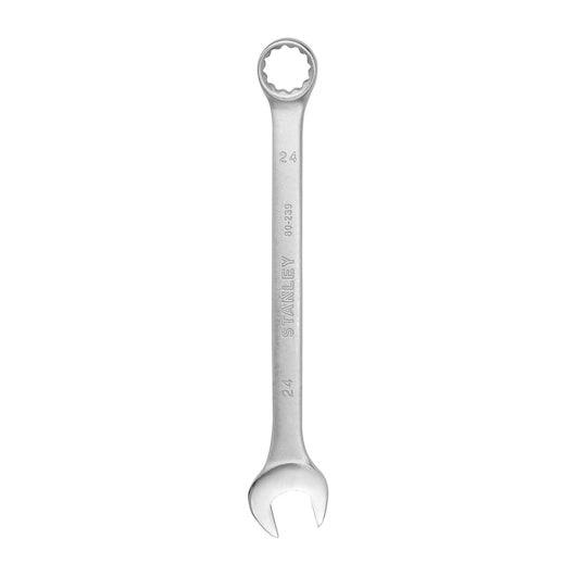 Photo of STANLEY STMT80239-840 combination wrench with open and box end, silver finish, front angle, hand tool.