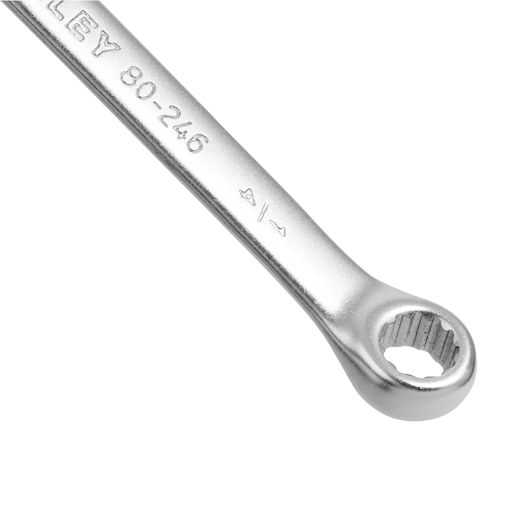 STANLEY STMT80246-840 box-end wrench, silver finish, angled, close-up photo on white background.