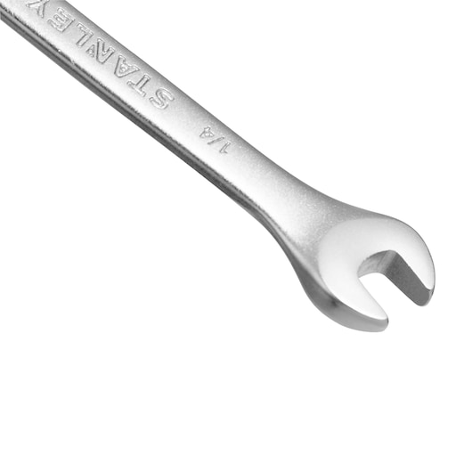 Photo of STANLEY STMT80246-840 open-end wrench, silver finish, angled view on white background.