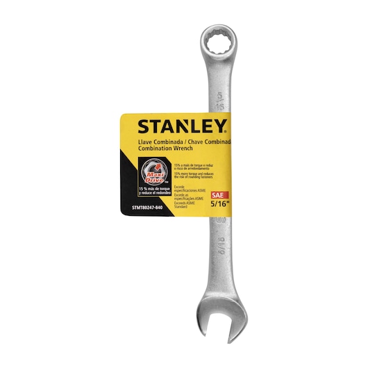 STANLEY STMT80247-840 combination wrench 5/16 inch, silver, front angle, with yellow product label.