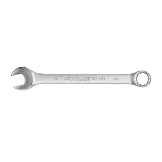 STANLEY STMT80251-840 combination wrench, silver, open-end and box-end, top view on white background.