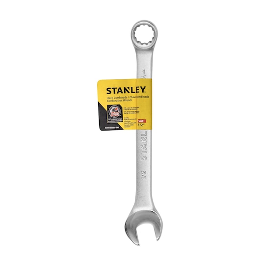 STANLEY STMT80251-840 combination wrench, silver, front angle, yellow label, product photography.