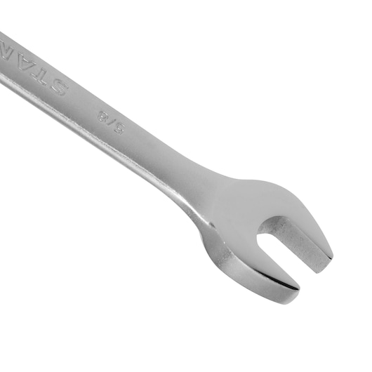 STANLEY STMT80253-840 open-end wrench, silver finish, close-up angle on white background.