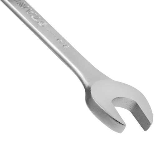 STANLEY STMT80255-840 open-end wrench, silver hand tool, close-up angle on white background.