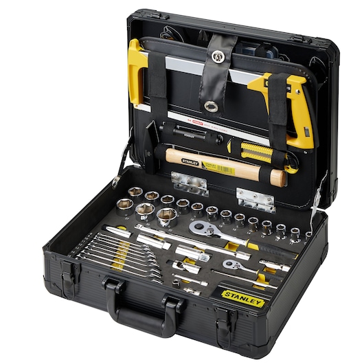 STANLEY STMT98109-LA tool set in open black case, showing sockets, ratchet, hacksaw, hammer, and various hand tools.