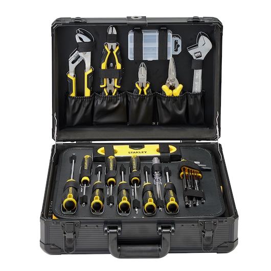 Photo of STANLEY STMT98109-LA hand tool set in black hard case with screwdrivers, pliers, wrench, and accessories.