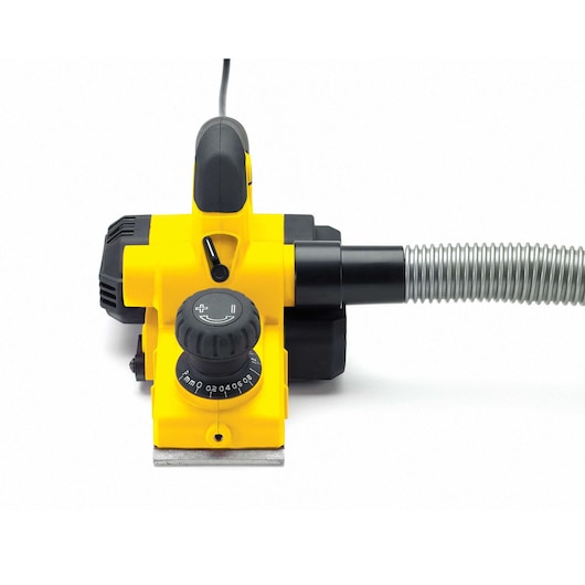 STANLEY STPP7502-B2 yellow electric planer, photography, front angle, with dust hose attachment.