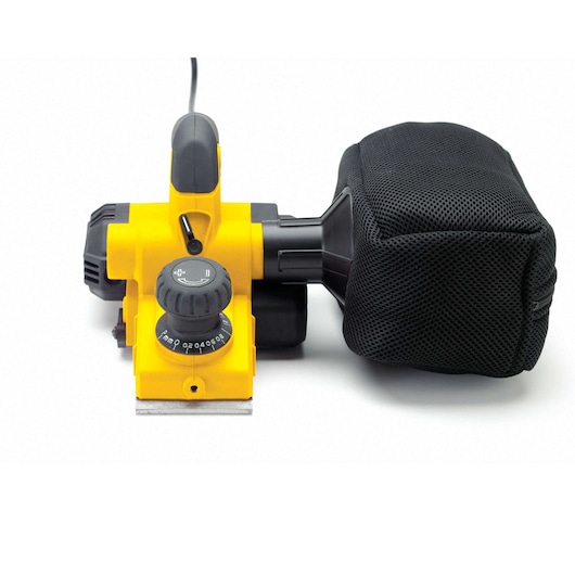 STANLEY STPP7502-B2 yellow electric planer with dust bag, front view on white background.