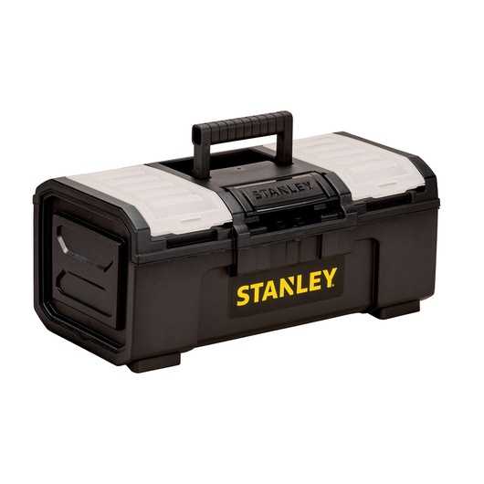 Front angle of STANLEY black tool box with yellow logo, plastic handle, and dual gray lid compartments.