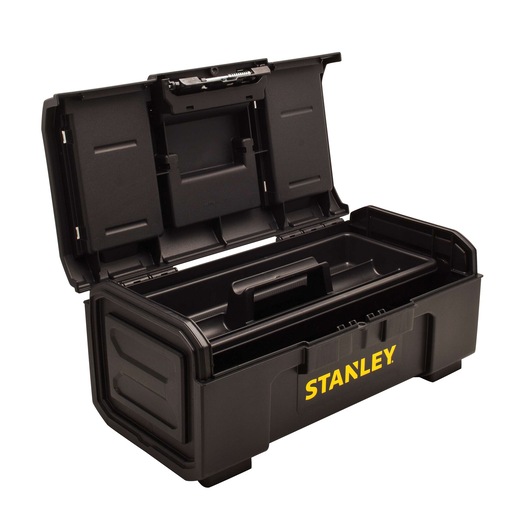 Stanley black plastic toolbox with open lid, removable tray, and yellow logo, front angle on white background