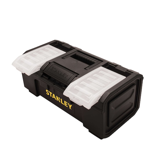 STANLEY black plastic toolbox with transparent compartment lids, angled view on white background
