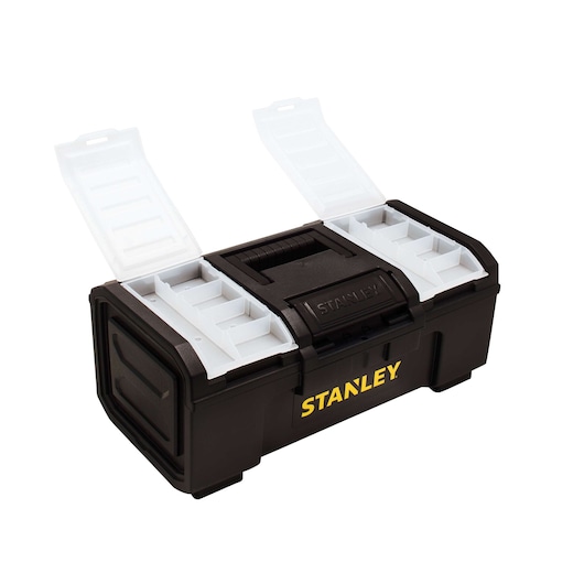 STANLEY black plastic toolbox with white compartment lids open, showing internal organizer trays, front angle.