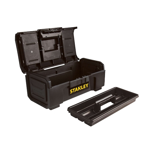 Stanley black plastic toolbox with removable tray, open lid, angled on white background