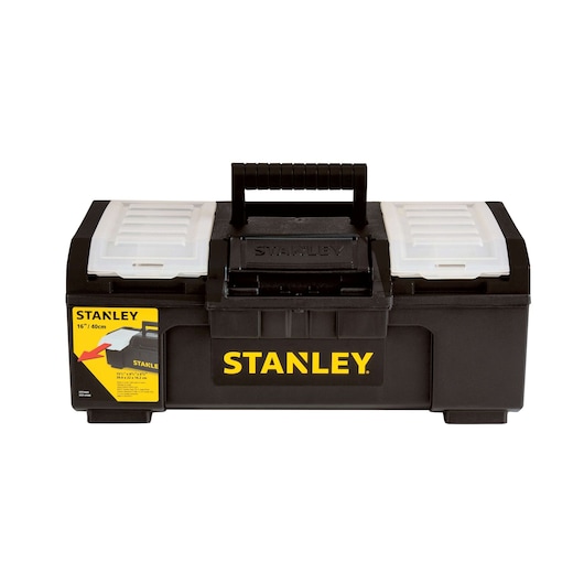 STANLEY STST16420 black plastic toolbox with yellow logo, top view, two white organizers, black handle.