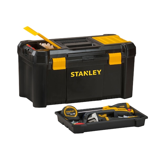 STANLEY STST19331 black and yellow toolbox with open lid and tray of assorted tools, front angle photo.