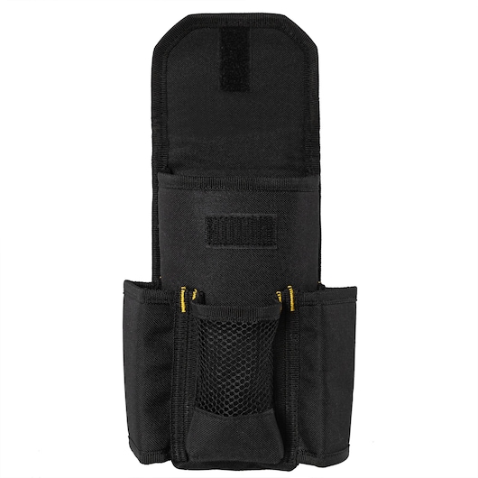 Black Stanley pouch for photography accessories with multiple compartments and mesh pocket.