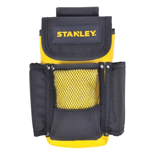 STANLEY STST509104LA tool pouch, black and yellow fabric with mesh pocket, front angle, white background.