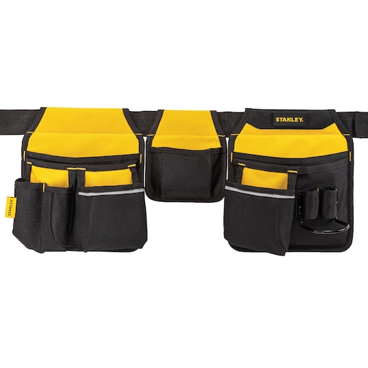 Stanley black and yellow tool belt with multiple pockets and compartments for organizing tools.