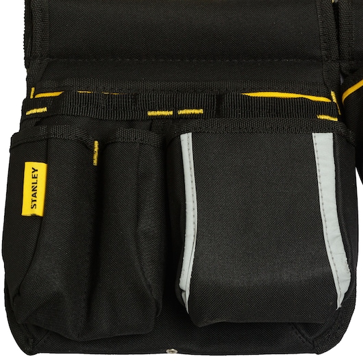 STANLEY STST511304 black fabric tool pouch with multiple compartments, front view.