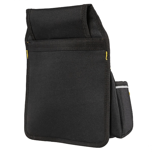 Black STANLEY pouch with multiple compartments for carrying tools or accessories, made of durable fabric.