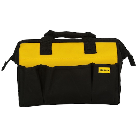Black and yellow Stanley soft tool bag with handles and exterior pockets, suitable for organizing tools.