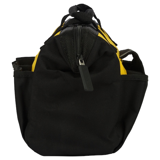 Black and yellow Stanley tool bag with zipper, shown from the front with side pockets visible.