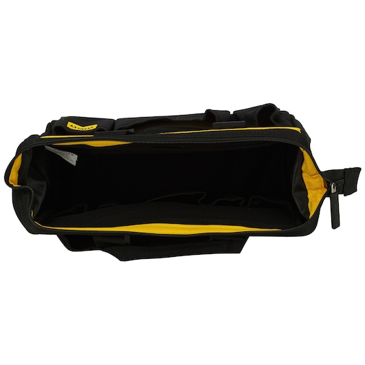 Open Stanley black and yellow tool bag with spacious interior and zippered closure, viewed from above.