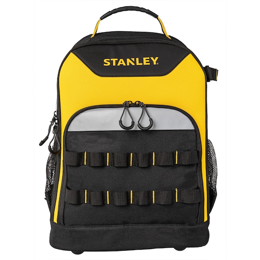 Stanley yellow and black tool backpack with front pockets and loops for organizing accessories.