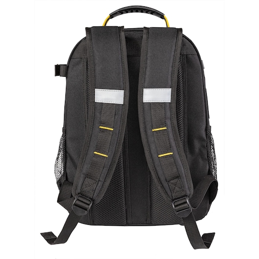 Back view of a black Stanley backpack with padded straps, mesh pockets, and yellow accents.