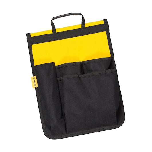 STANLEY STST515155 tool pouch with multiple black and yellow pockets, top handle, front view on white background.