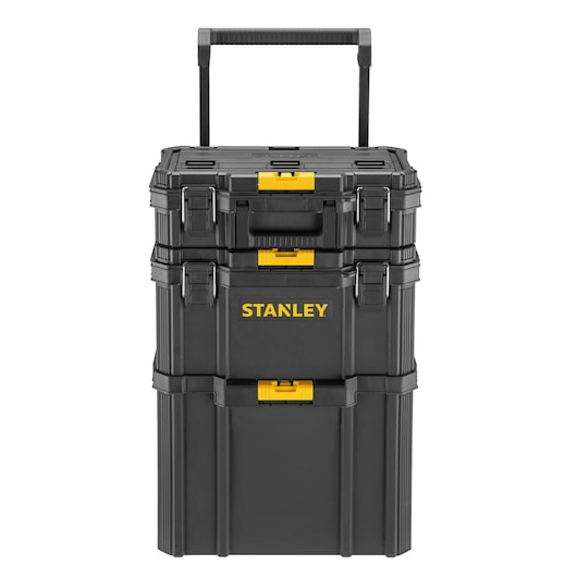 STANLEY STST83319-1 black stackable rolling tool chest, front angle, yellow latches, photography.