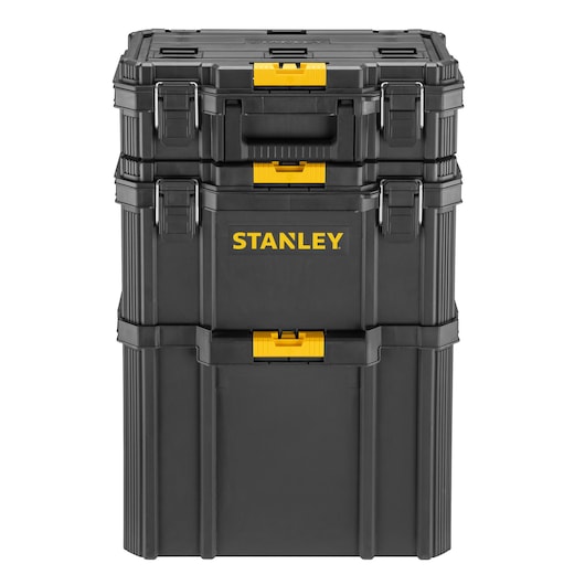 Photo of STANLEY STST83319-1 black modular tool box stack with yellow latches, front angle, product photography.