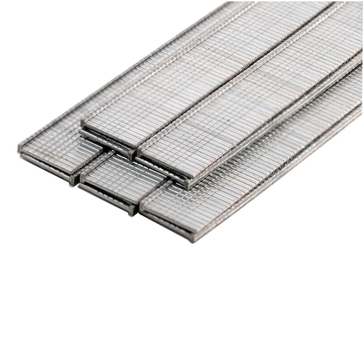 Photo of STANLEY SWKBN050S silver metal staples stacked in strips, close-up angle on white background.