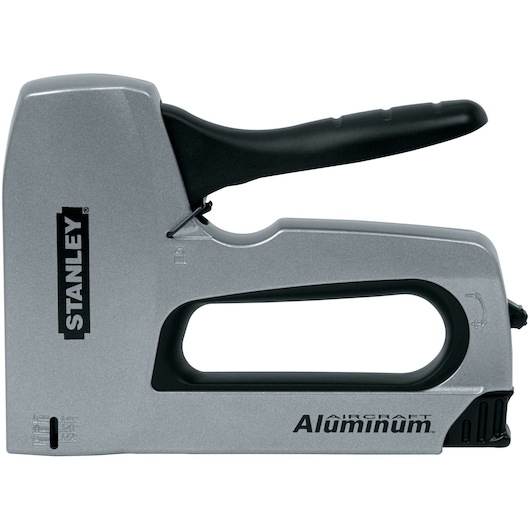 Stanley aircraft aluminum staple gun side view, silver body with black handle, white background