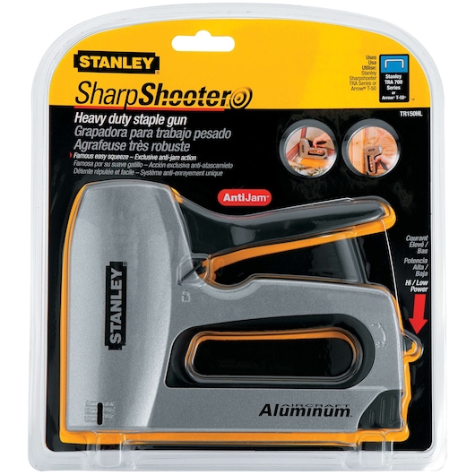 Photo of STANLEY TR150HL SharpShooter heavy duty staple gun in silver and black, in packaging, front angle on white background.