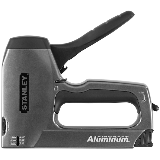 STANLEY heavy-duty aluminum staple gun side view on white background, ergonomic black handle, branding visible.
