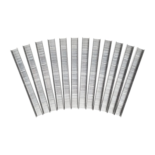 STANLEY TRA708T silver staples in a fan arrangement, product photography on white background.