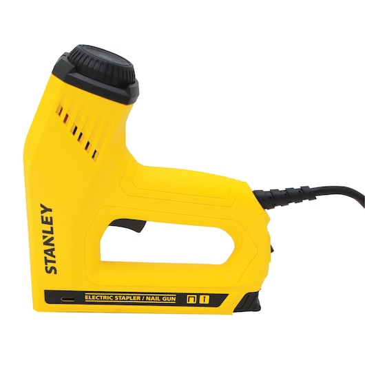 Photo of STANLEY TRE550Z electric stapler and nail gun, yellow and black, right side view on white background.