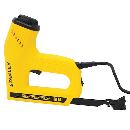 Stanley TRE550Z electric stapler nail gun, yellow body, side angle on white background.