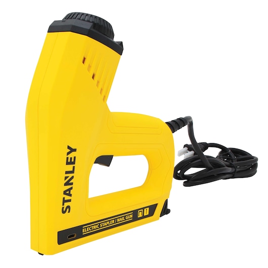 Photo of STANLEY TRE550Z electric stapler nail gun, yellow and black, side angle with power cord visible.
